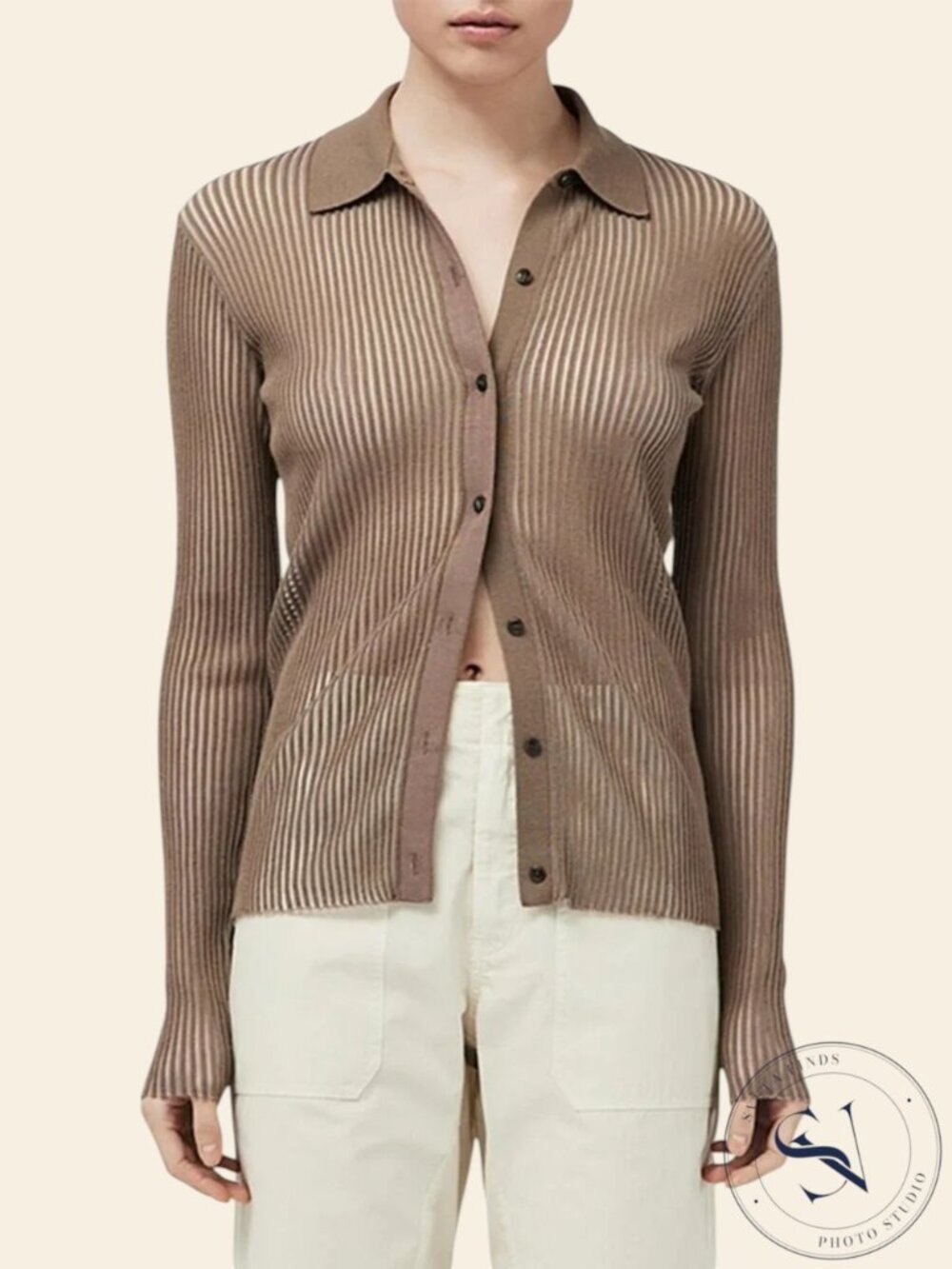 rag & bone Dorit Ribbed Button-Front Top Light Brown Merino Wool Size M
